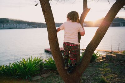 Rear view of boy standing on tree trunk