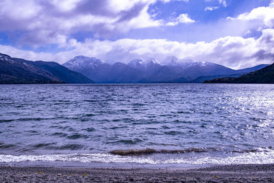 Scenic view of lake and mountains against sky