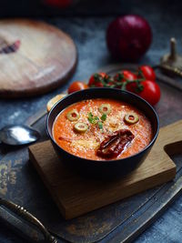 High angle view of soup in bowl on table