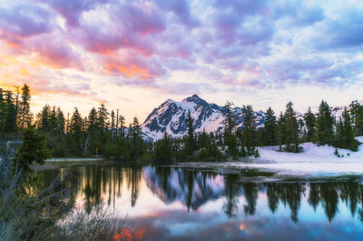 Scenic view of lake by trees against sky during sunset