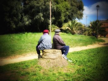 Rear view of man sitting on grass