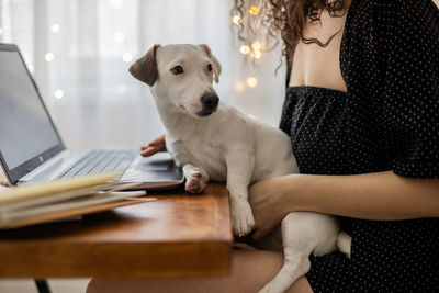 Portrait of woman with dog sitting on table