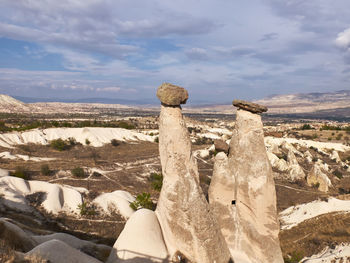 Rock formations on landscape against cloudy sky