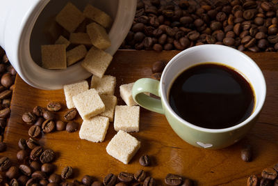 High angle view of coffee cup on table