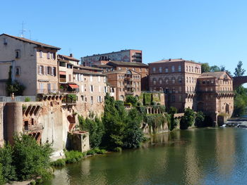 Buildings against clear blue sky