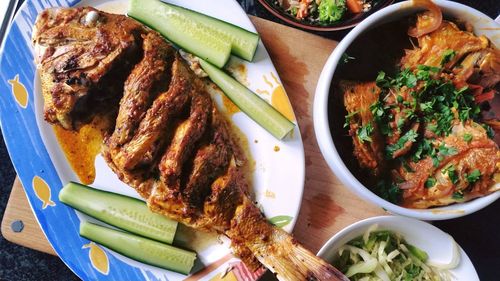 High angle view of food in plate on table