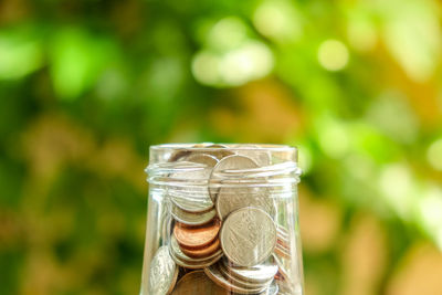 Close-up of coins in glass jar at yard