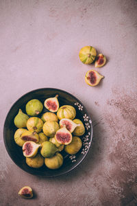 High angle view of fruits in bowl on table