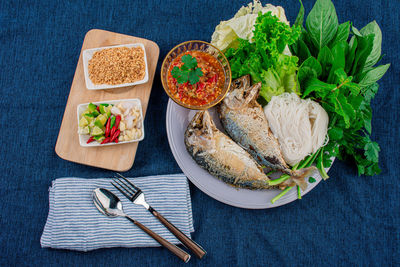 High angle view of food on table