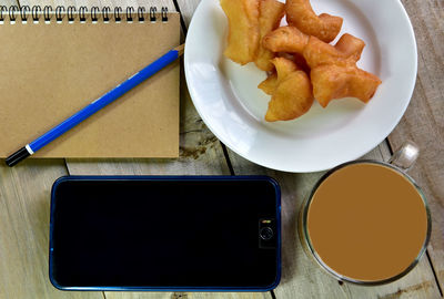 High angle view of breakfast served on table