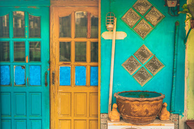 Blue closed door of building