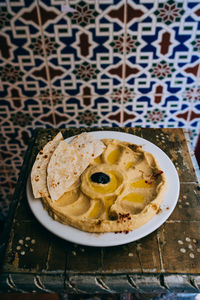 High angle view of breakfast on table