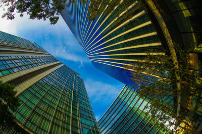 Low angle view of modern buildings against blue sky