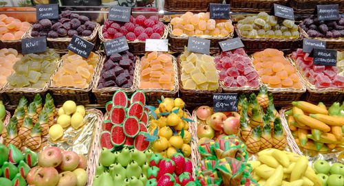 Various fruits for sale at market stall