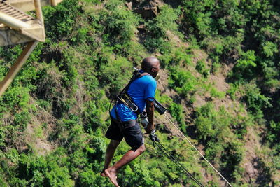 Full length of man bungee jumping in forest