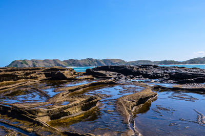 Scenic view of rocks against clear blue sky