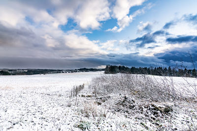 Scenic view of snow covered land against sky