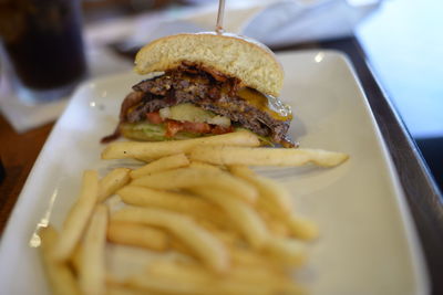 Close-up of meat served on table