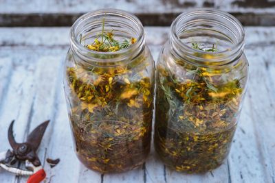 High angle view of drink in glass jar on table