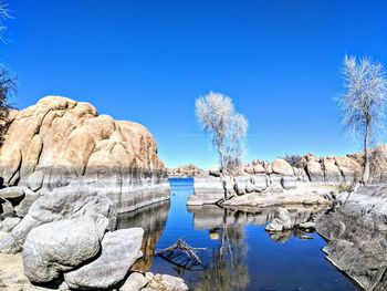 Rocks by lake against clear blue sky
