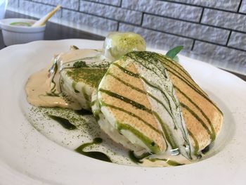 High angle view of breakfast served in plate