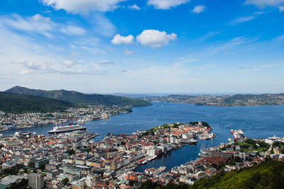 High angle view of city by sea against sky