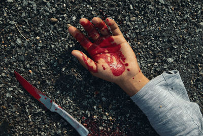 High angle view of human hand