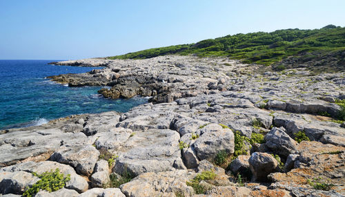 Rocks on shore against clear sky