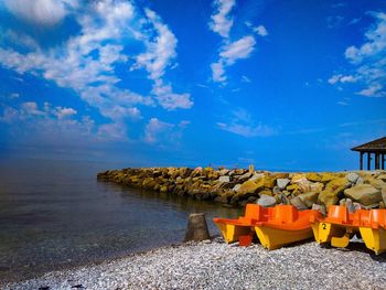 Scenic view of sea against blue sky