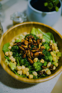 High angle view of meal served in bowl on table