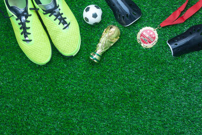 Directly above shot of sports equipment on grass