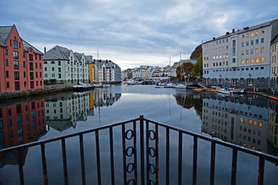 Reflection of buildings in river against sky