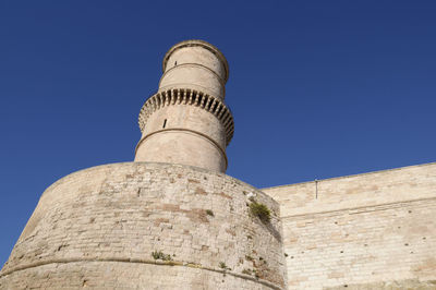 Low angle view of building against blue sky