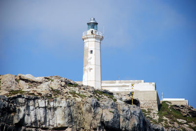 Low angle view of lighthouse by building against sky