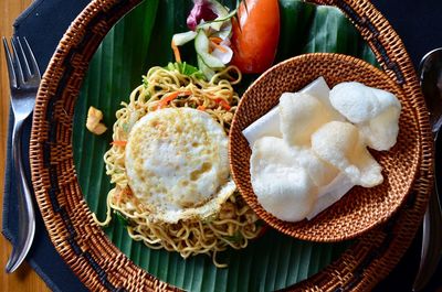 High angle view of breakfast served on table