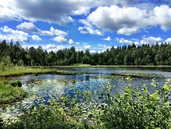 Scenic view of lake against cloudy sky