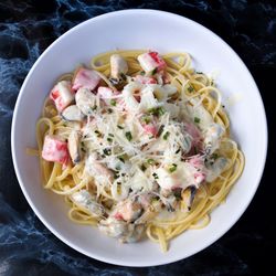 High angle view of food served in plate