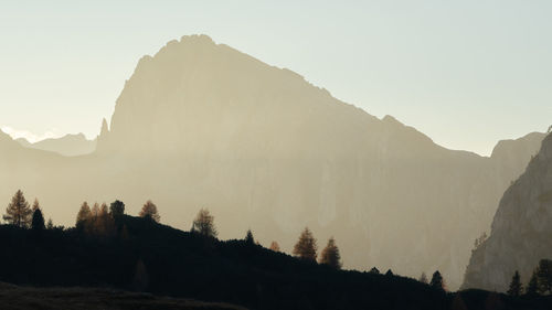 Silhouette of mountain with golden larches in foreground shot during golden sunset, dolomites, italy