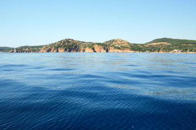 Scenic view of sea against clear blue sky