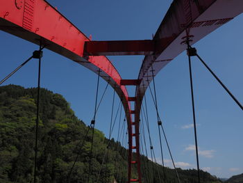 Low angle view of suspension bridge against sky