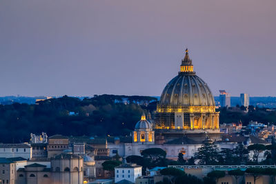 The skyline of the city of rome with st. peter's basilica, panoramic view among the pine trees.