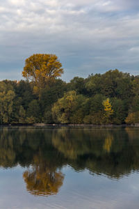 Scenic view of lake by trees against sky