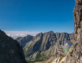 Panoramic view of mountains against blue sky