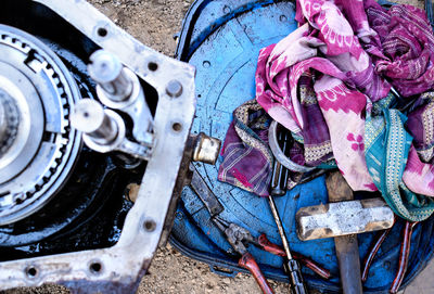 High angle view of abandoned machine part