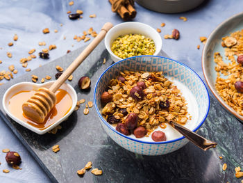 High angle view of breakfast served on table