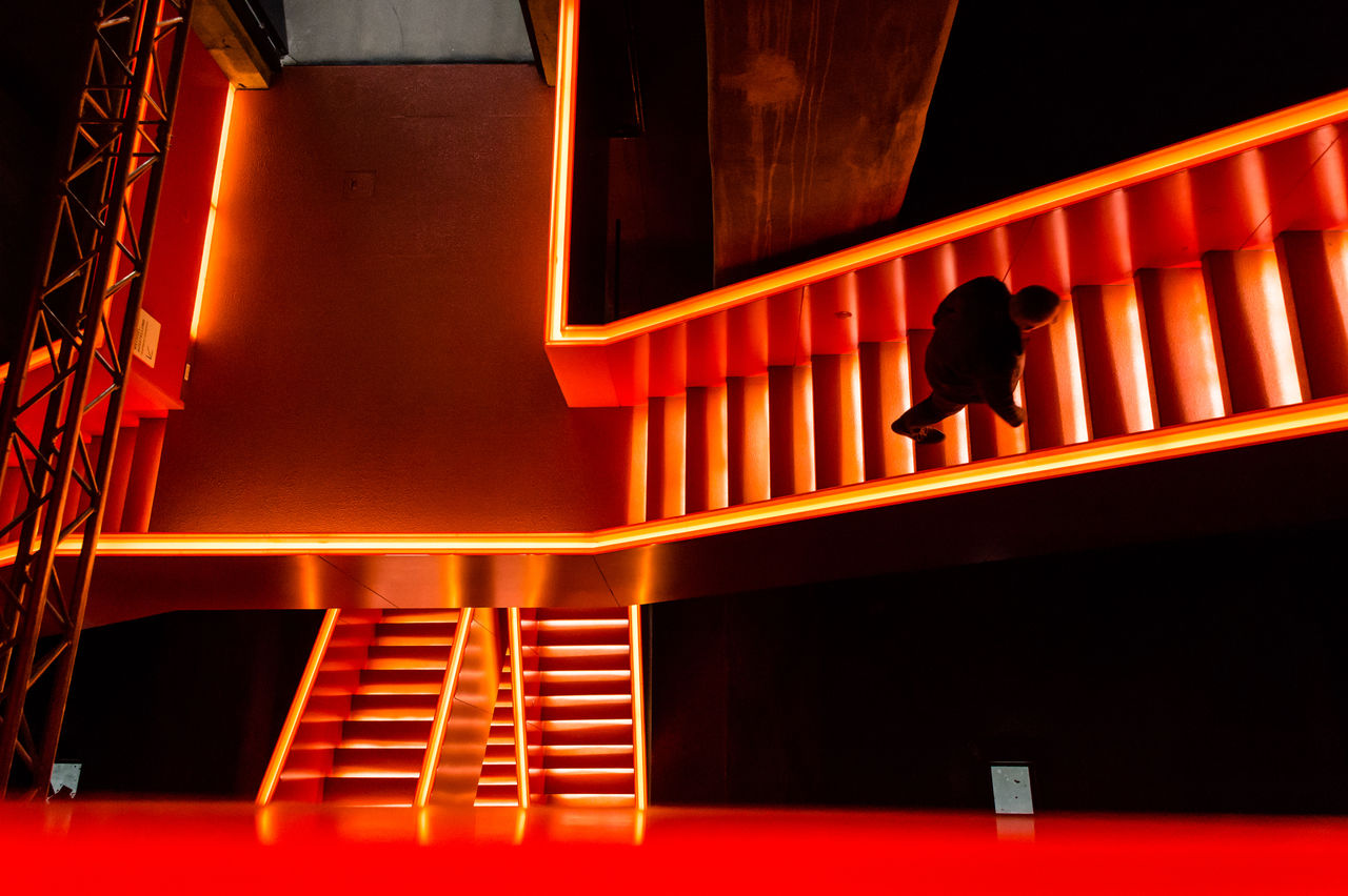 steps and staircases, staircase, steps, night, no people, indoors, illuminated, architecture