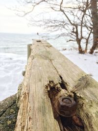 Close-up of old wooden post on land against sky