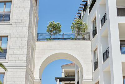 Arch with aleander flowers between buildings in a european city