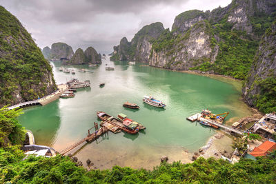 High angle view of boats in bay