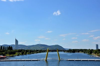 Scenic view of bay against blue sky